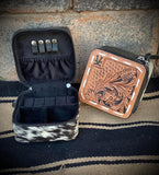 Tooled leather/buck stitch mini travel jewelry case